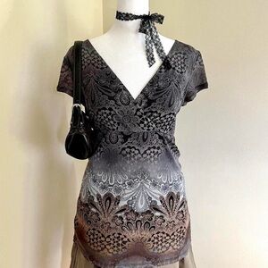 Vintage Y2K whimsygoth grunge paisley floral micro mesh top twee boho goth S